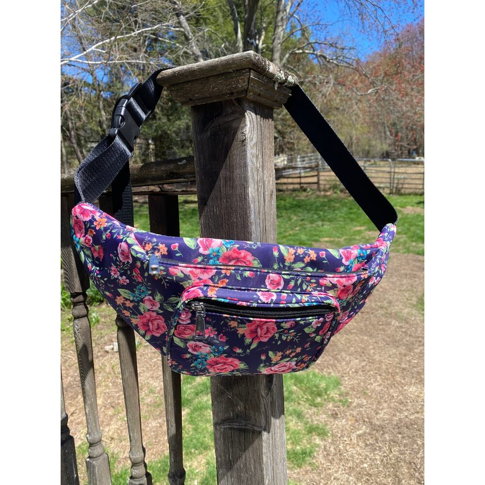 NWOT Floral Rose Fanny Pack Dark Blue Canvas Hip Bag with Adjustable Waist Strap